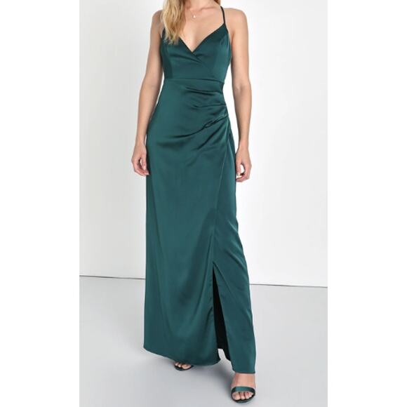 LULU'S SZ L Emerald Green Stunning Outlook Surplice Faux-Wrap Maxi Dress NEW B77 - Picture 1 of 10